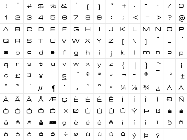 Metrostyle Extended Regular  glyph index