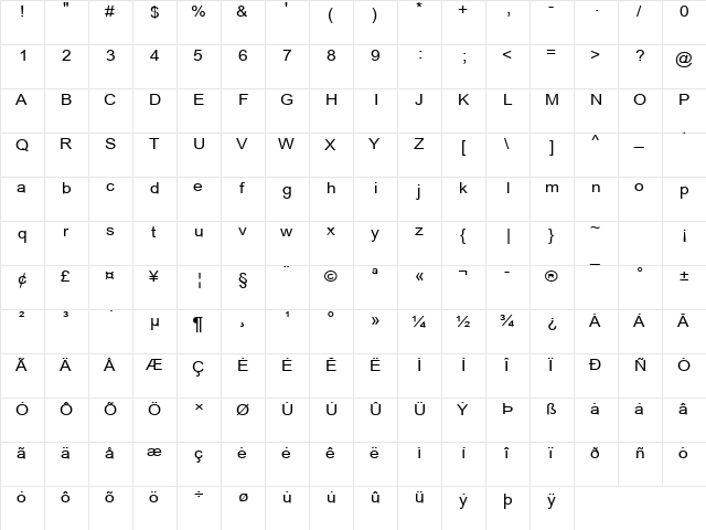 TWA LATIN1 H Regular  glyph index