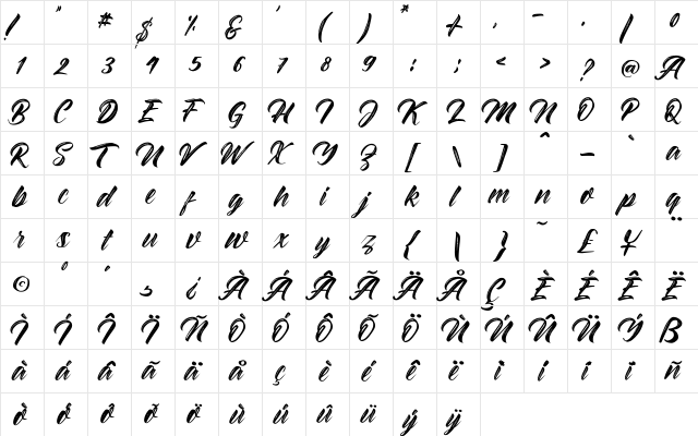 Braydon Script Regular  glyph index