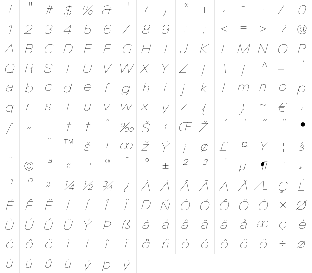 LTUnivers 141 ExtdUltLtIt  glyph index