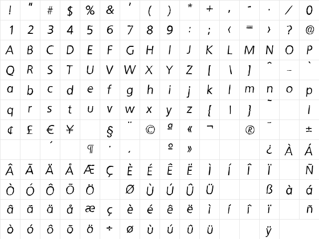 QuebecAntique Italic  glyph index