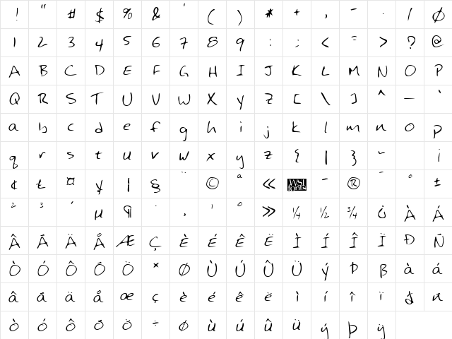 HansonsHand Regular  glyph index