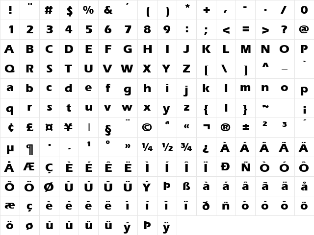 Erie Bold  glyph index
