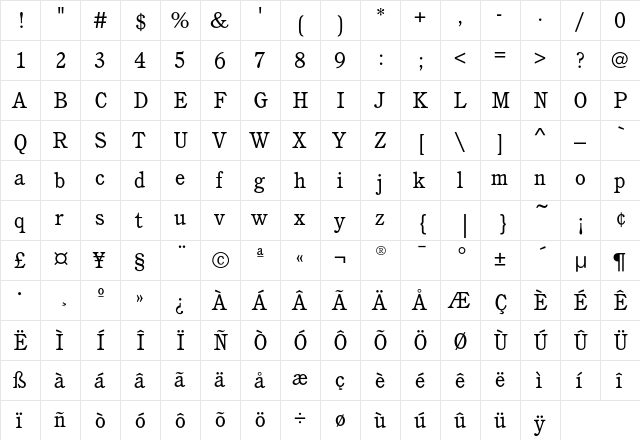CushingEF-Book Regular  glyph index