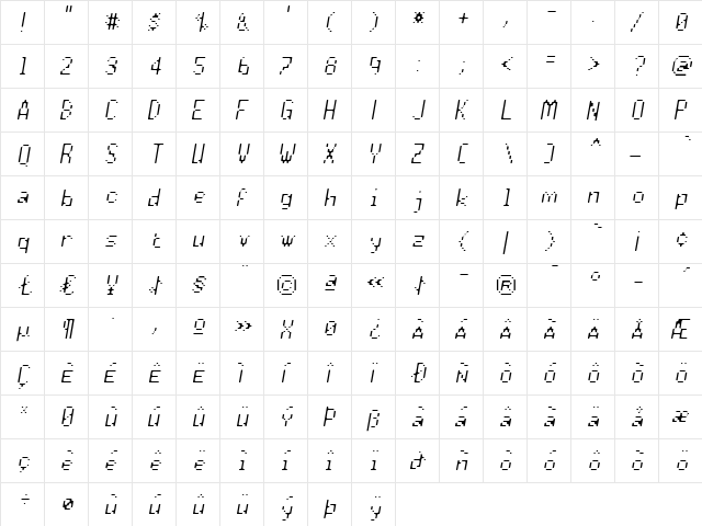 Praxis Light Italic  glyph index
