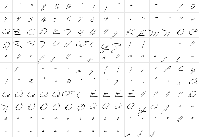 Miss Stanfort Regular  glyph index