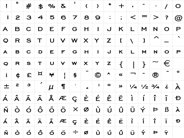 ChiselWide Bold  glyph index