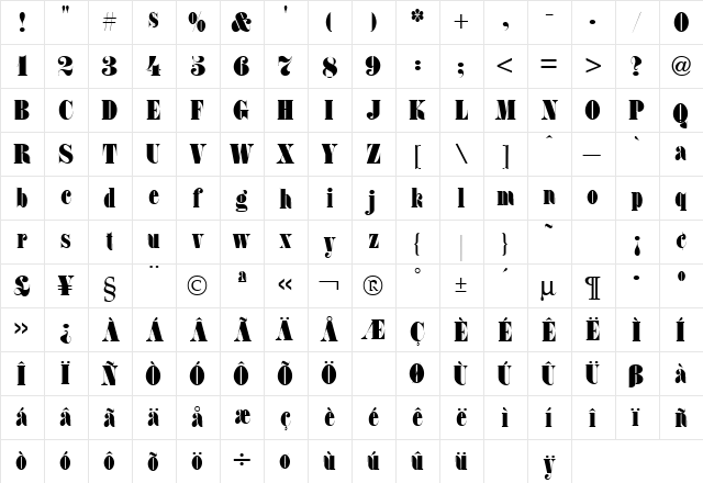 Fat Regular  glyph index