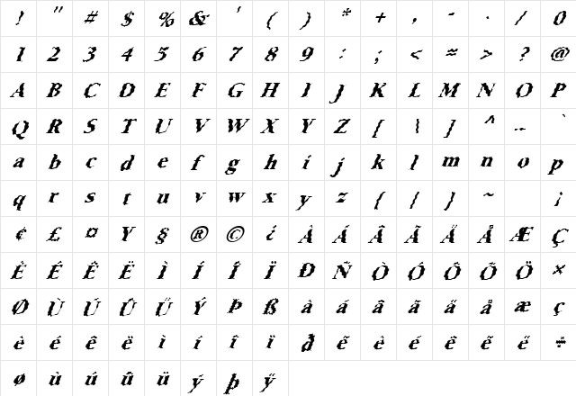 FZ ROMAN 24 WAVEY ITALIC Normal  glyph index