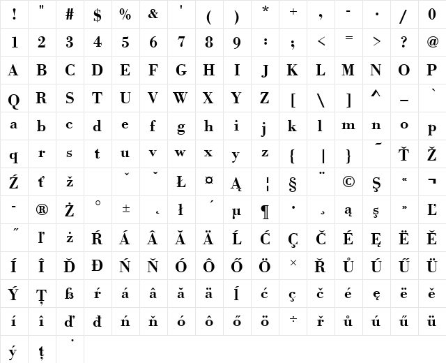 BodoniAntTEEDemBol Regular  glyph index