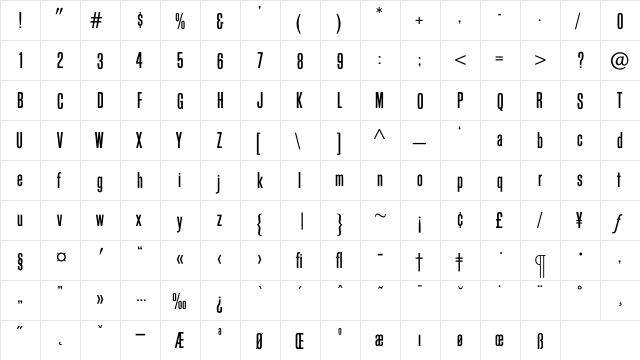 BlockGothicMediumExtraCond Regular  glyph index