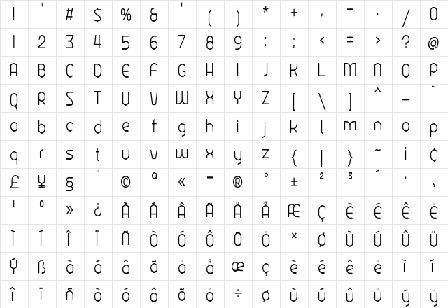 Ekela Light Condensed  glyph index