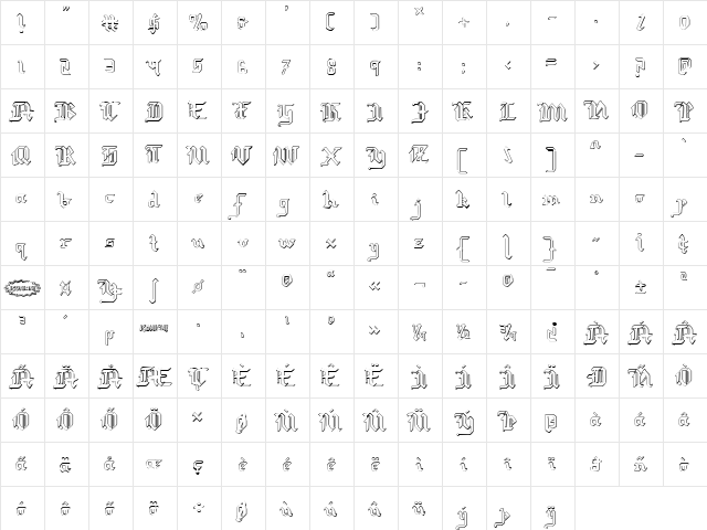 Redcoat Shadow Regular  glyph index
