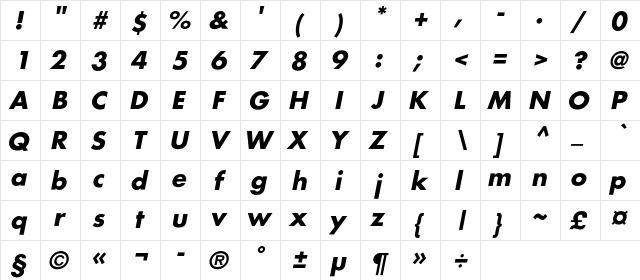 AGFatumC Bold Italic  glyph index