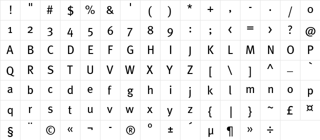 MetaBookC Regular  glyph index