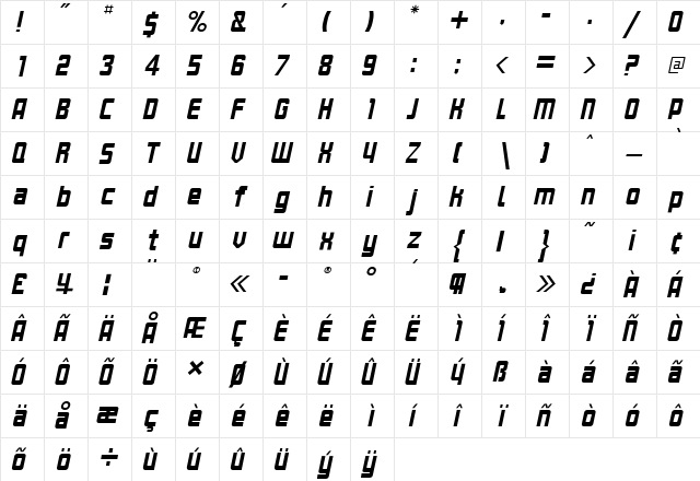 Kanal Italic  glyph index