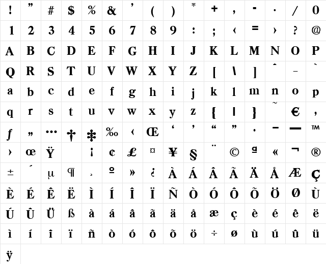 Casad-Bold Regular  glyph index