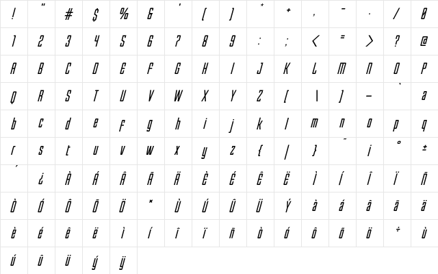 Enfatica Oblique  glyph index