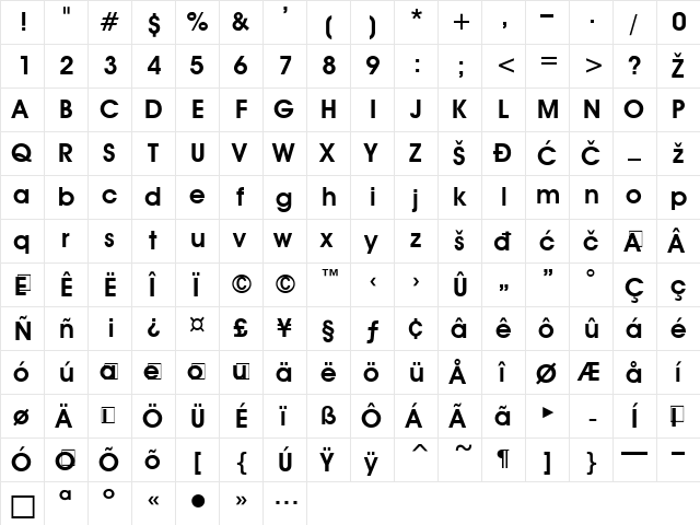 Avant Garde Bold YU Regular  glyph index