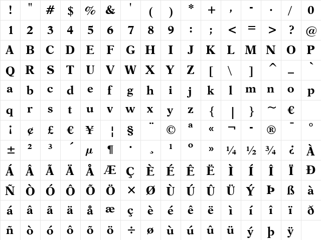 Dutch823 BT Bold  glyph index