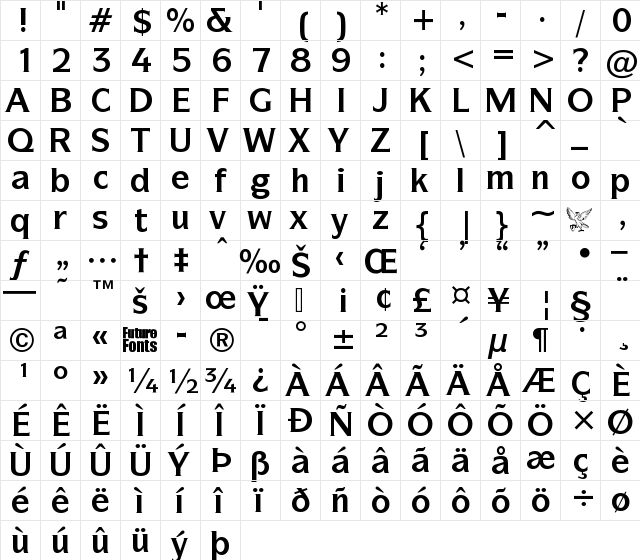 Surrey Bold Regular  glyph index