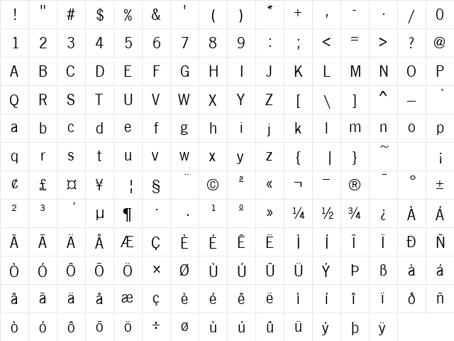 NewsGothic Regular  glyph index