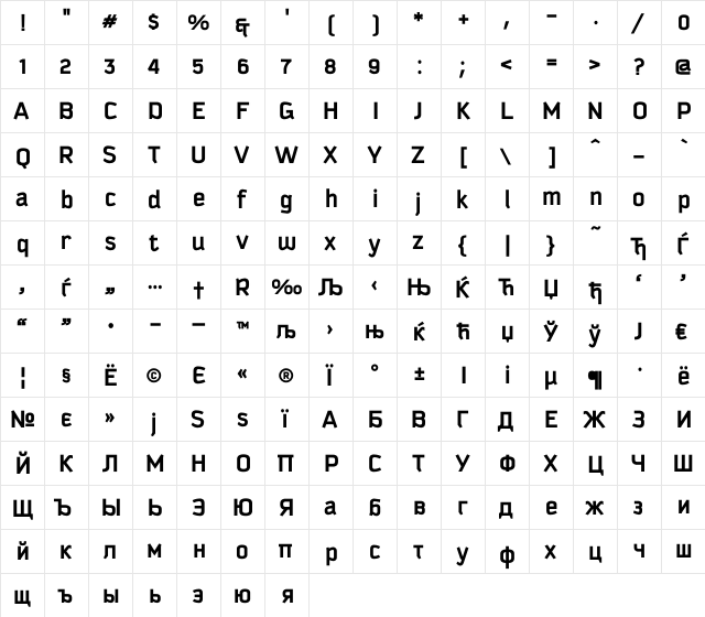 Kautiva Cyrillic Bold Regular  glyph index