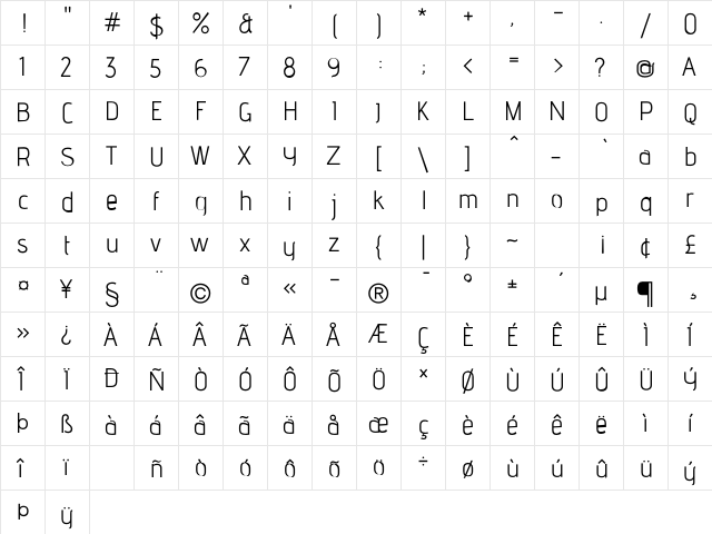 advent Regular  glyph index