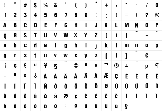 Olympia-BoldCond Regular  glyph index