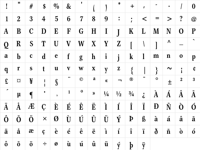 Garth Graphic Bold Condensed  glyph index