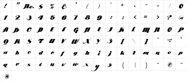 LHF Becker Poster Script Regular  glyph index