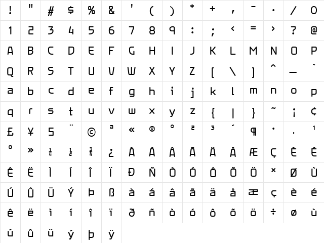 Xenara Regular  glyph index