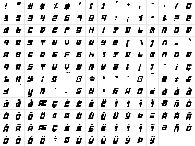 Extechchop Condensed Condensed  glyph index