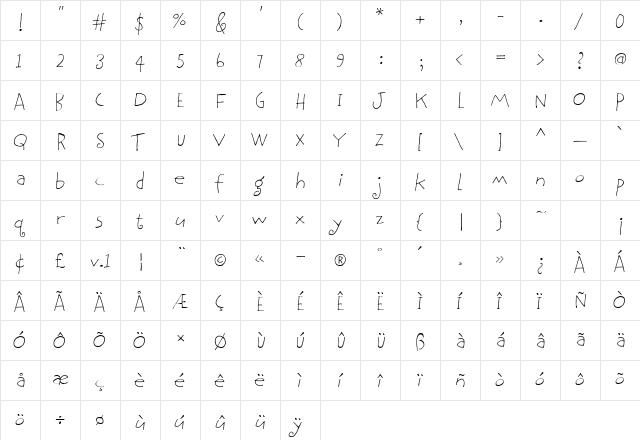 BethsCuteHmk Regular  glyph index