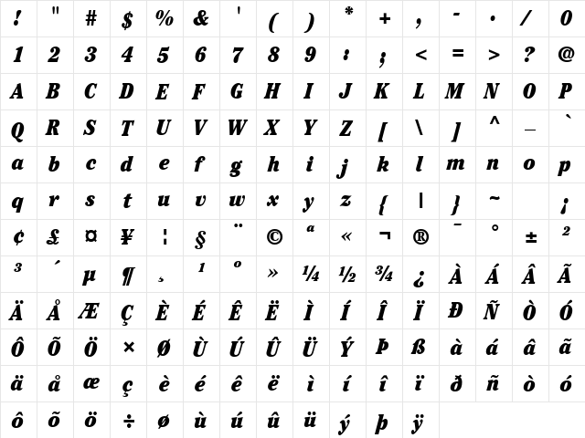 Cheltenham Black Condensed SSi Black Condensed Italic  glyph index