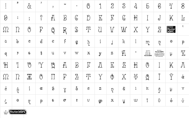 MSAcadian Regular  glyph index