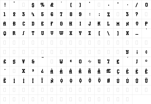 Retro Bold Condensed Plain  glyph index