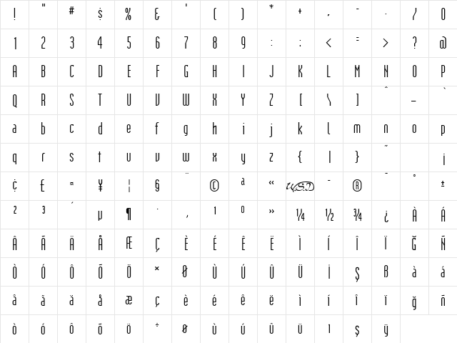 TrSah Institution Regular  glyph index