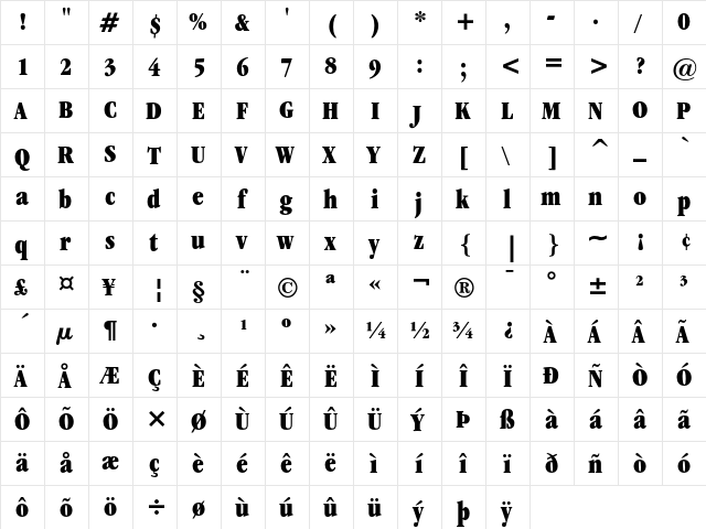 ITC Garamond Ultra Condensed  glyph index
