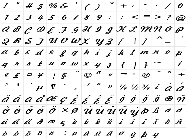 Jott 43 Extended Italic  glyph index