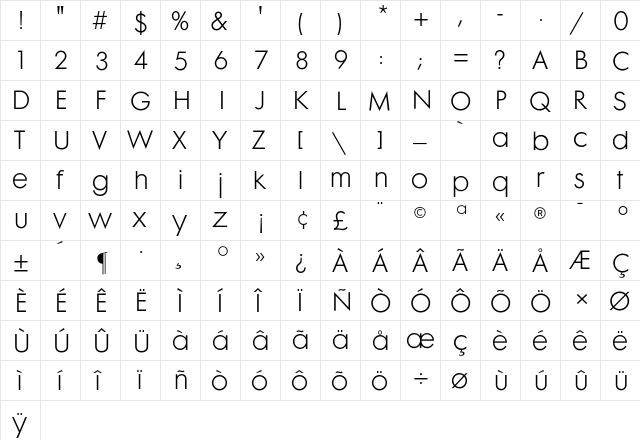 Futura Maxi CG Light Regular  glyph index