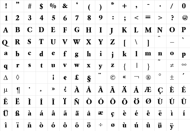 ClassicGaramondHeavy Regular  glyph index