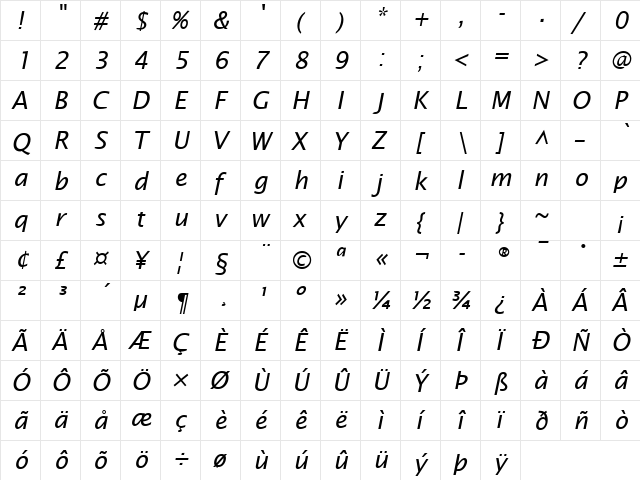 Rain Song 1 Italic  glyph index