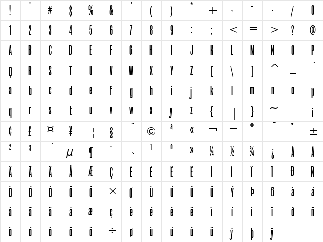 RoswellThreeITC TT Regular  glyph index