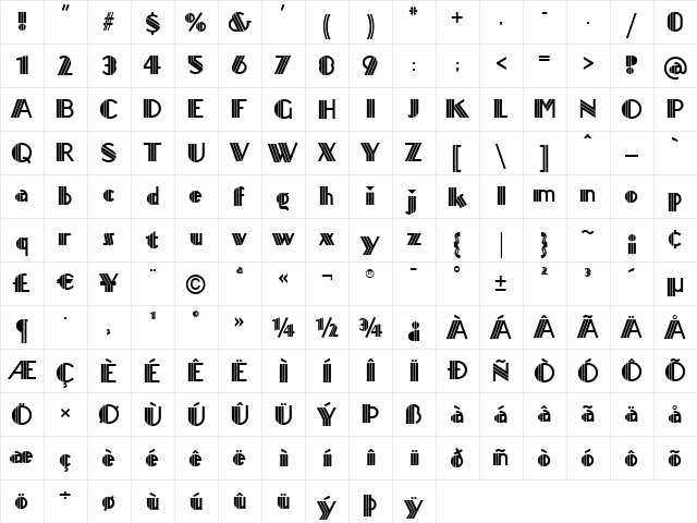 Titanick Display NF Regular  glyph index