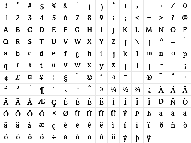 QuintessenceSSK Bold  glyph index