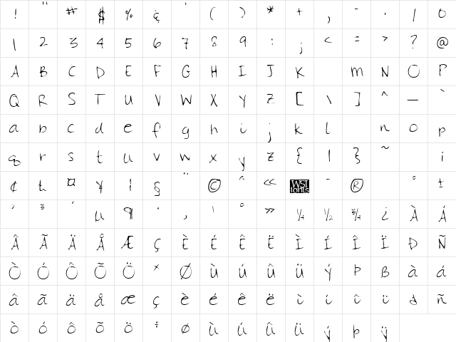 GinasHand Regular  glyph index