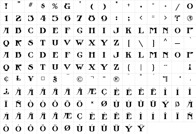 Stowaway MF Regular  glyph index