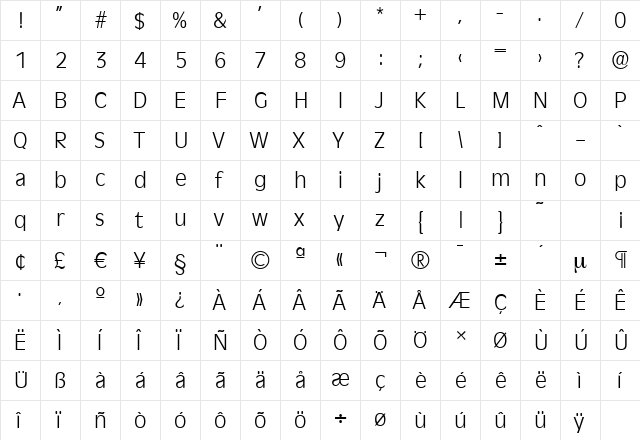 RavennaSerial-Light Regular  glyph index