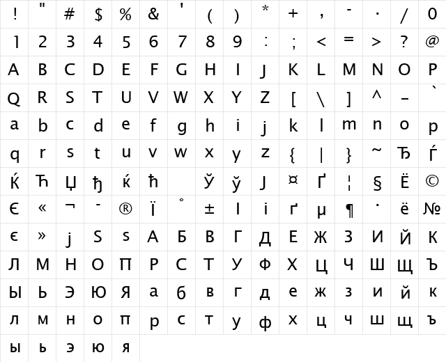 LucidaSanTCY Regular  glyph index